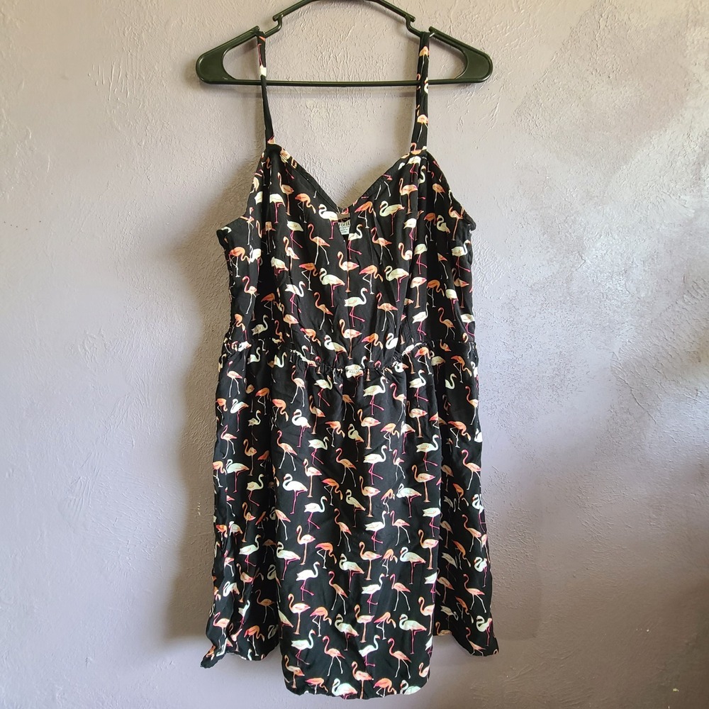 AUW Sundress Women 2X Black Flamingo Print Spaghetti Strap Smocked V-Neck
